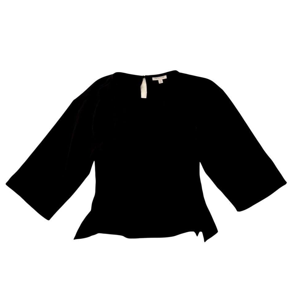 Black Pleated Blouse Pintuck 3/4 Sleeve Stretch Woven Minimalist Small Workwear - Picture 3 of 15